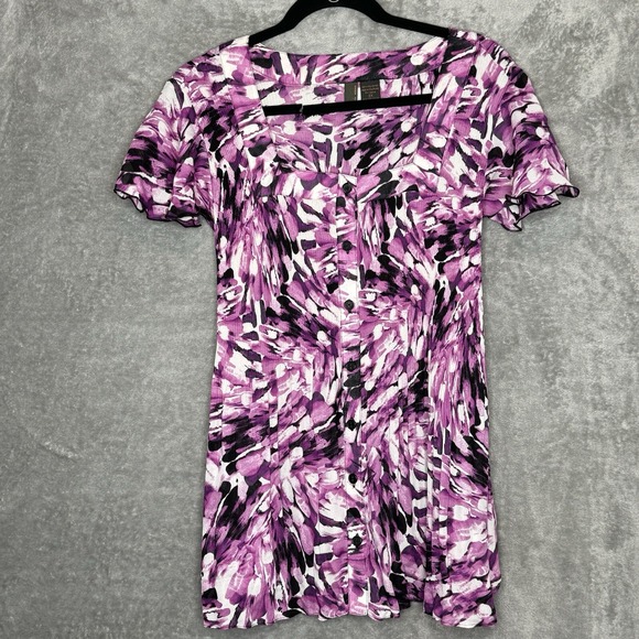 Serenade 2X Top Shirt Purple Floral Flower Button Up Cap Short Sleeve Scoop Neck - Picture 1 of 7